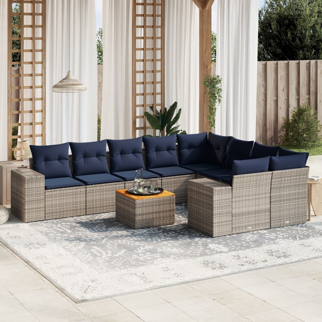 vidaXL 10-teiliges Gartensofa-Set mit Kissen, grau, Polyrattan