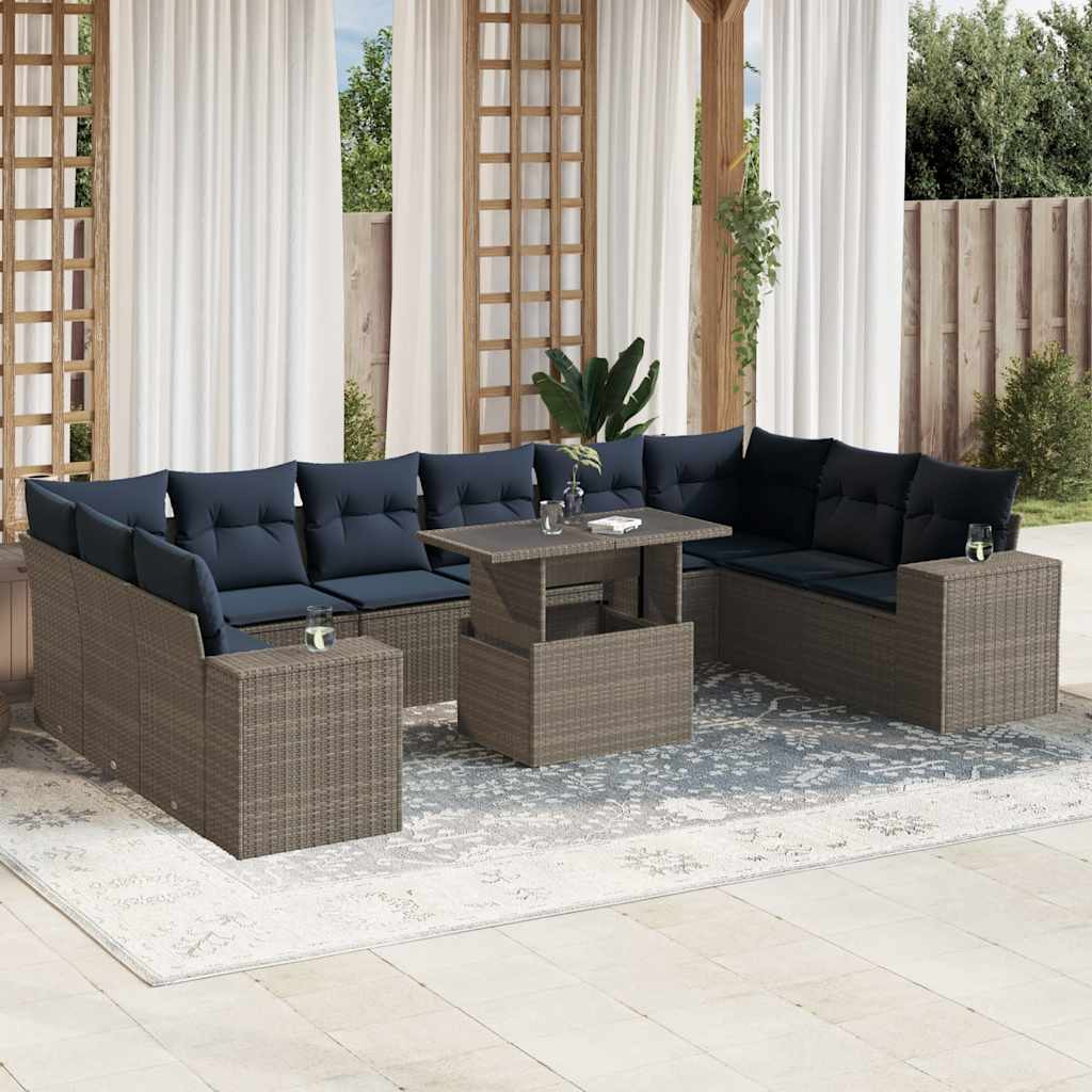 vidaXL 11-teiliges Gartensofa-Set mit Kissen, grau, Polyrattan