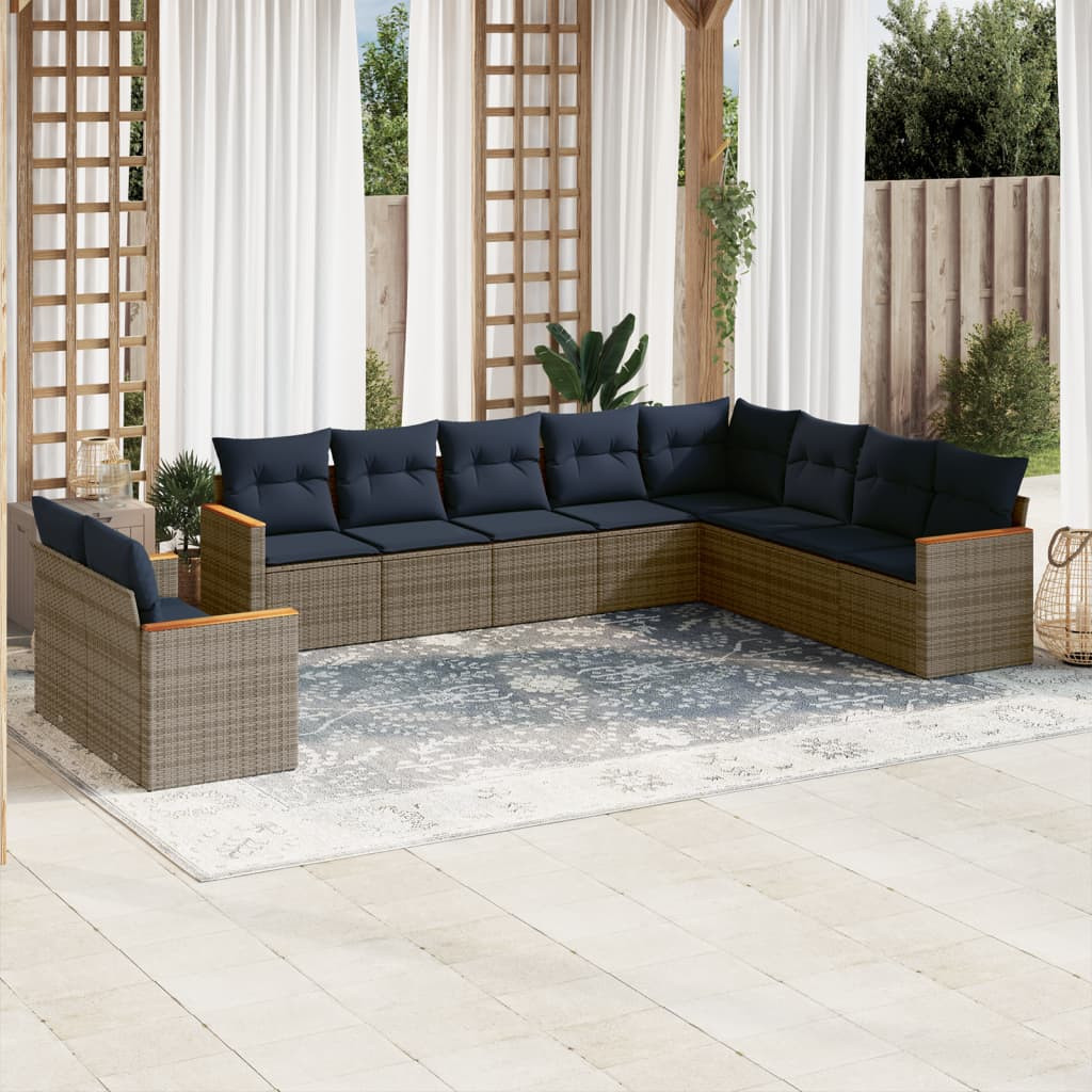 vidaXL 10-teiliges Gartensofa-Set mit Kissen, grau, Polyrattan