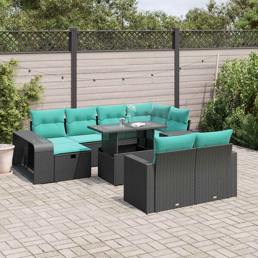 vidaXL 11-teiliges Gartensofa-Set mit Kissen, schwarzes Polyrattan