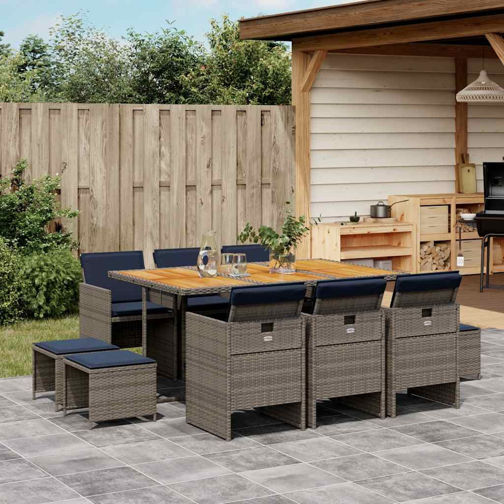 vidaXL 11-teiliges Garten-Ess-Set mit Kissen, grau, Polyrattan