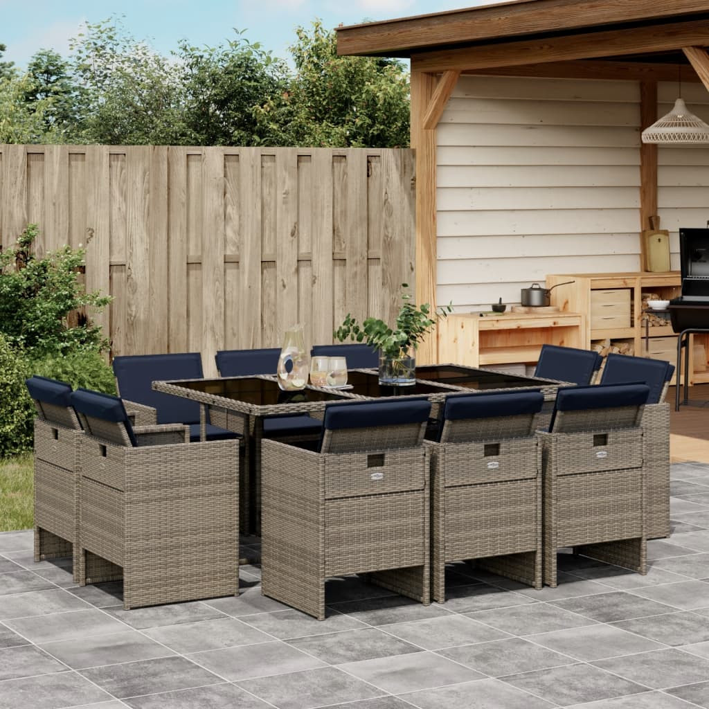 vidaXL 11-teiliges Garten-Ess-Set mit Kissen, grau, Polyrattan