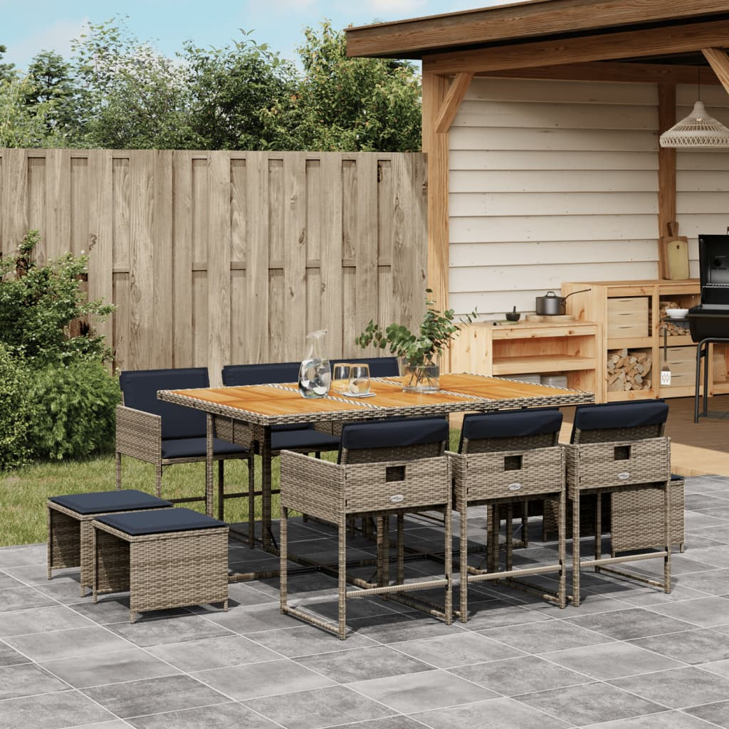 vidaXL 11-teiliges Garten-Ess-Set mit Kissen, grau, Polyrattan