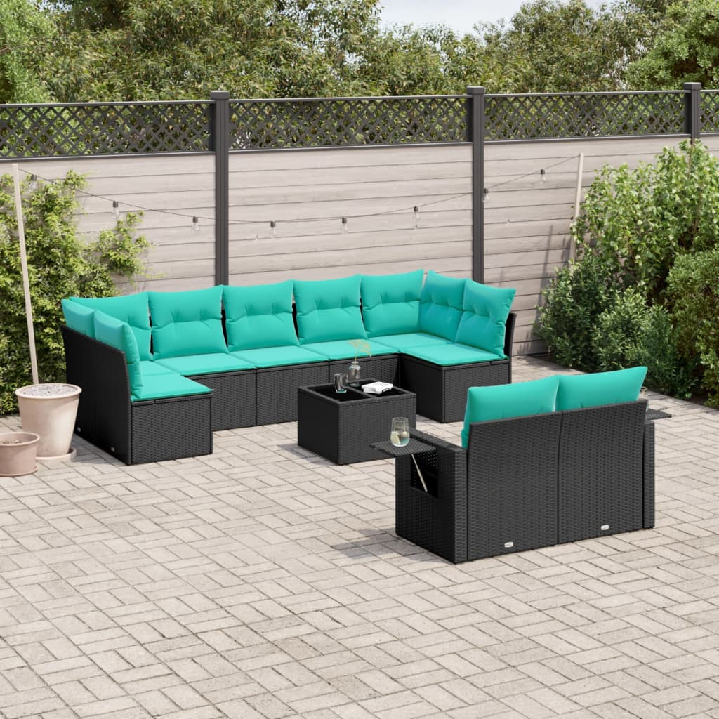 vidaXL 10-teiliges Gartensofa-Set mit Kissen, schwarzes Polyrattan