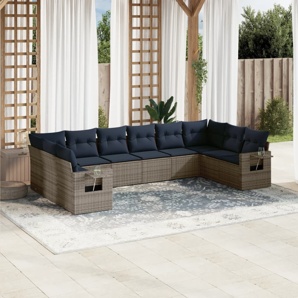 vidaXL 10-teiliges Gartensofa-Set mit Kissen, grau, Polyrattan