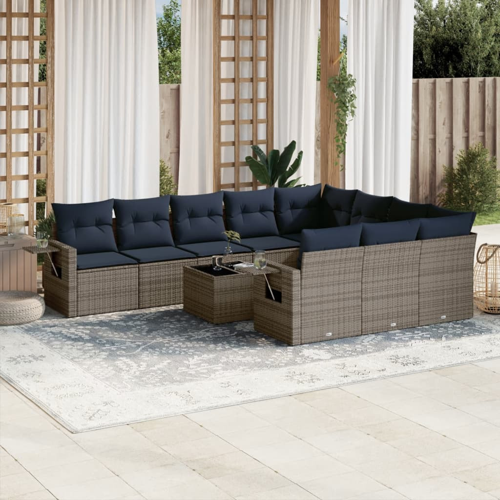 vidaXL 11-teiliges Gartensofa-Set mit Kissen, grau, Polyrattan