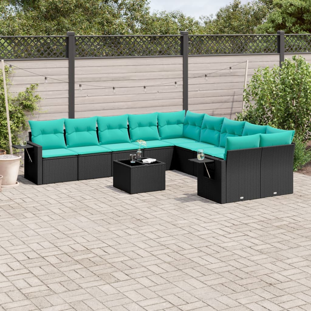 vidaXL 11-teiliges Gartensofa-Set mit Kissen, schwarzes Polyrattan