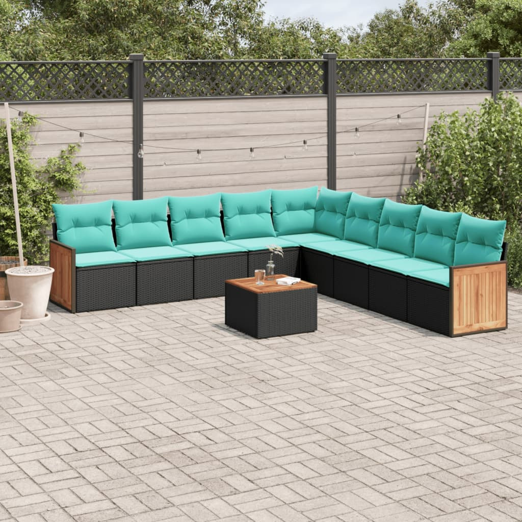 vidaXL 10-teiliges Gartensofa-Set mit Kissen, schwarzes Polyrattan