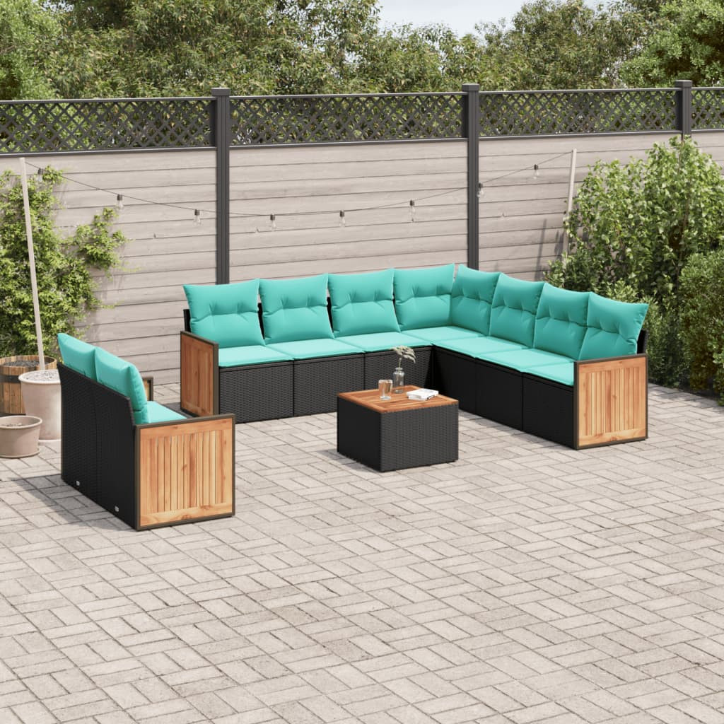 vidaXL 10-teiliges Gartensofa-Set mit Kissen, schwarzes Polyrattan