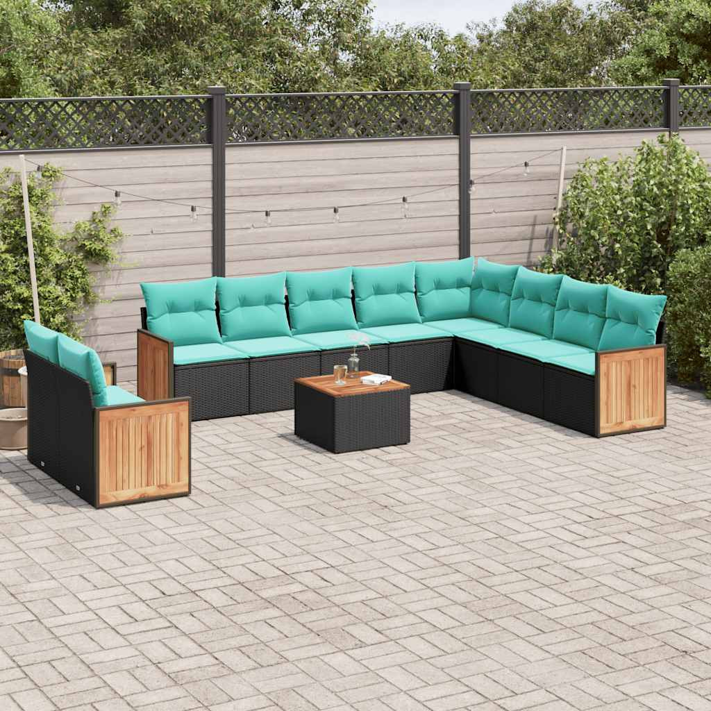 vidaXL 11-teiliges Gartensofa-Set mit Kissen, schwarzes Polyrattan