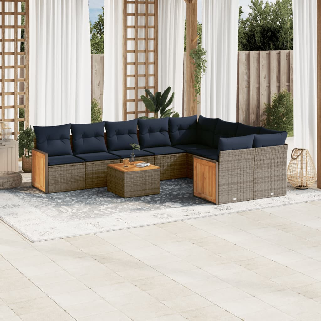 vidaXL 10-teiliges Gartensofa-Set mit Kissen, grau, Polyrattan
