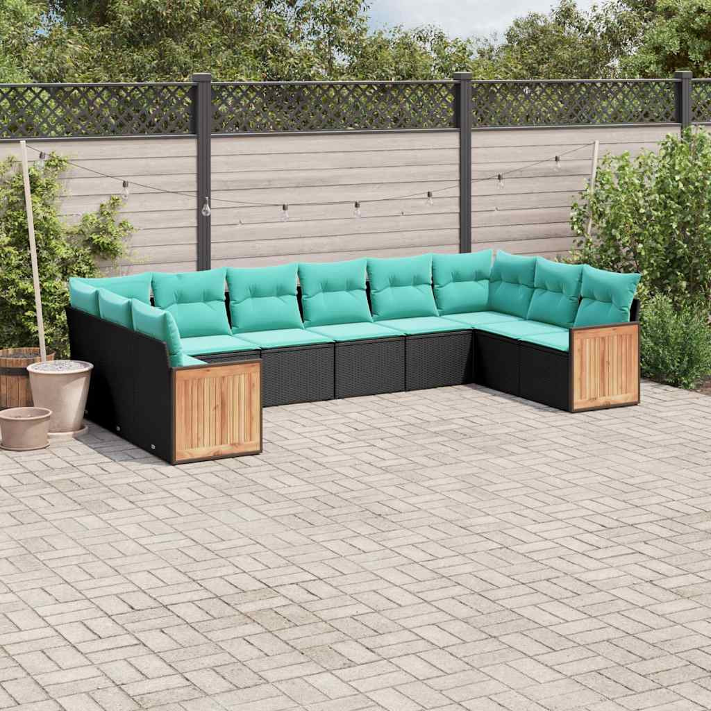 vidaXL 10-teiliges Gartensofa-Set mit Kissen, schwarzes Polyrattan