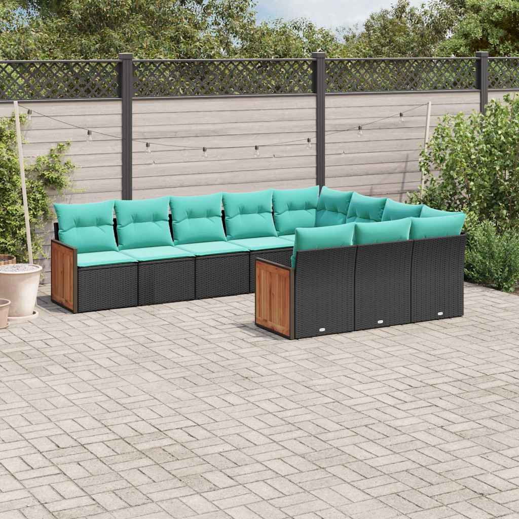 vidaXL 10-teiliges Gartensofa-Set mit Kissen, schwarzes Polyrattan