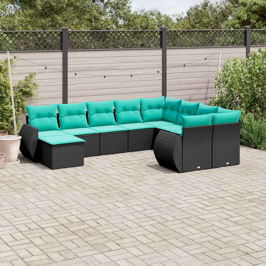 vidaXL 10-teiliges Gartensofa-Set mit Kissen, schwarzes Polyrattan