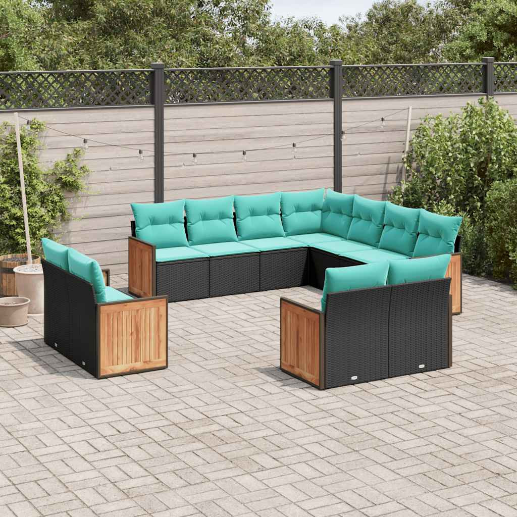 vidaXL 11-teiliges Gartensofa-Set mit Kissen, schwarzes Polyrattan