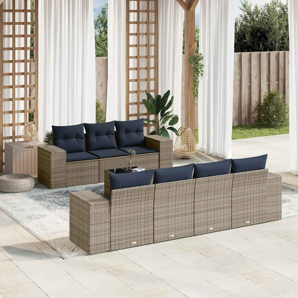 vidaXL 8-teiliges Gartensofa-Set mit Kissen, grau, Polyrattan