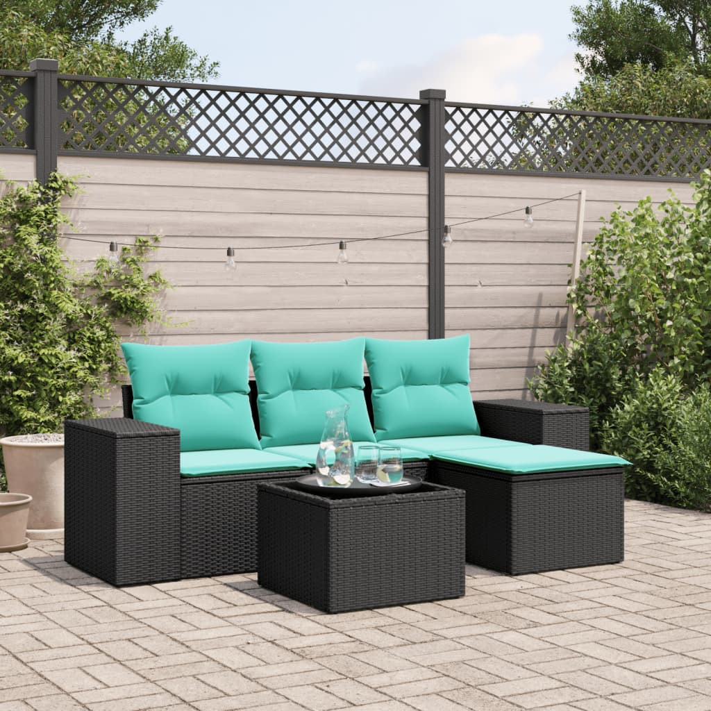 vidaXL 5-teiliges Gartensofa-Set mit Kissen, schwarzes Polyrattan