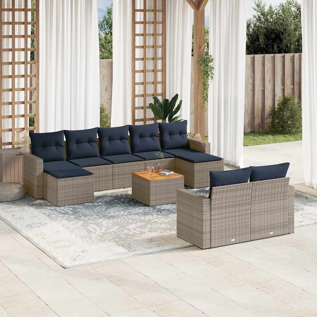 vidaXL 10-teiliges Gartensofa-Set mit Kissen, grau, Polyrattan